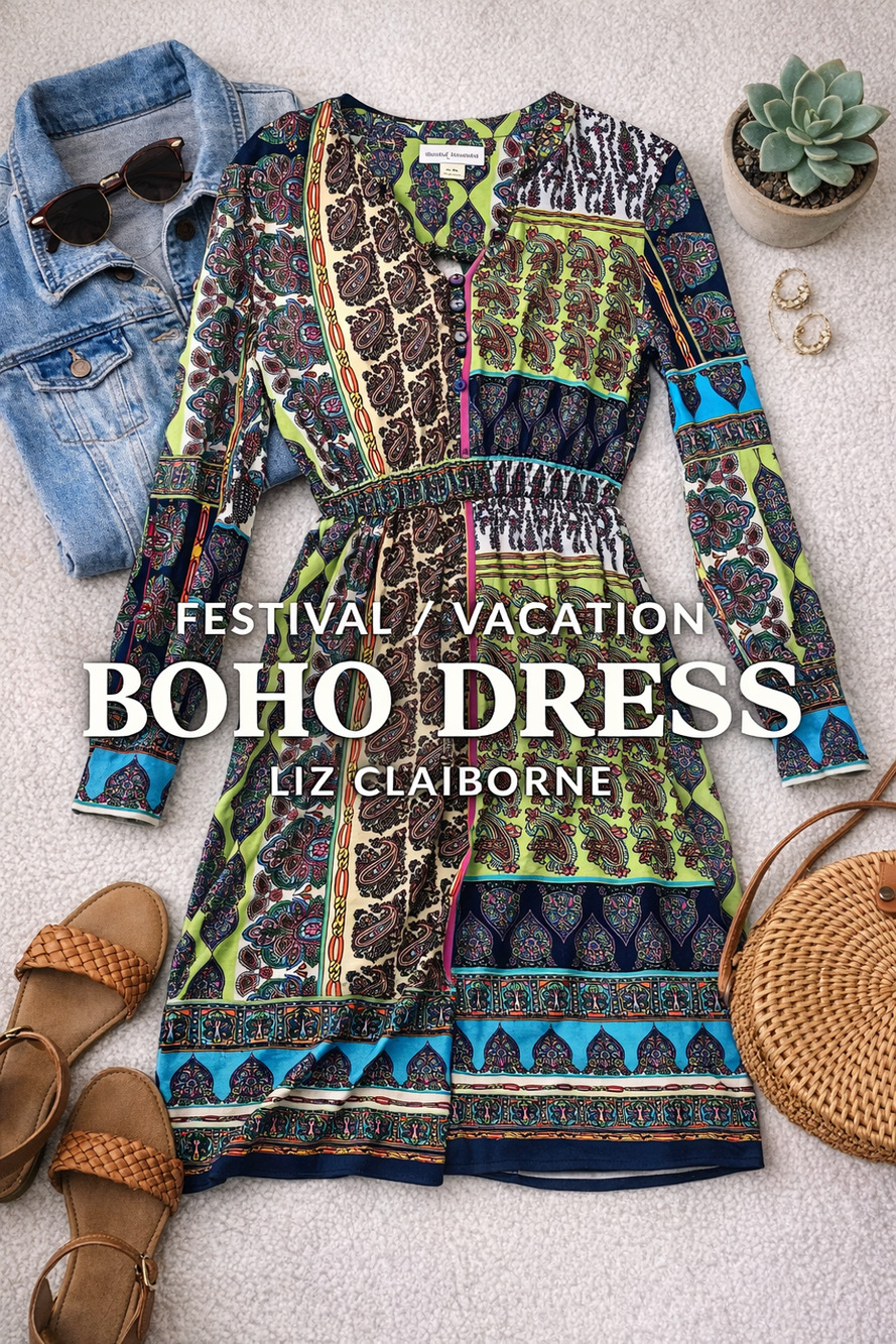 Liz Claiborne Paisley Dress Small Boho Patchwork Long Sleeve Stretch